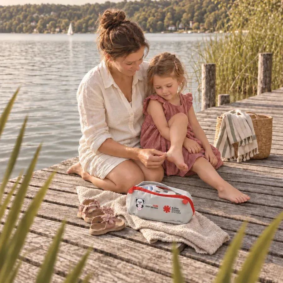 Mutter und Tochter unterwegs am See mit ihrer Kanda Care Tasche